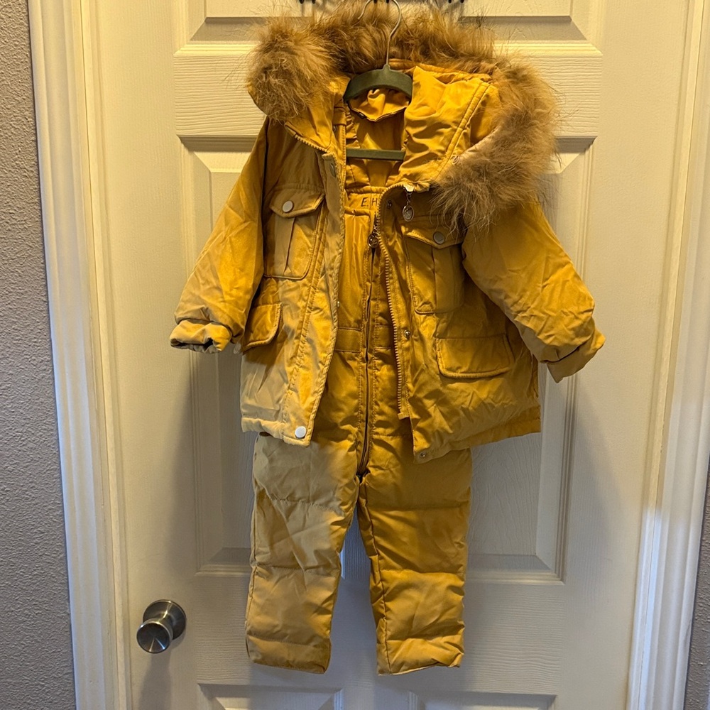 Yellow Fur-Trimmed Snowsuit for Toddlers